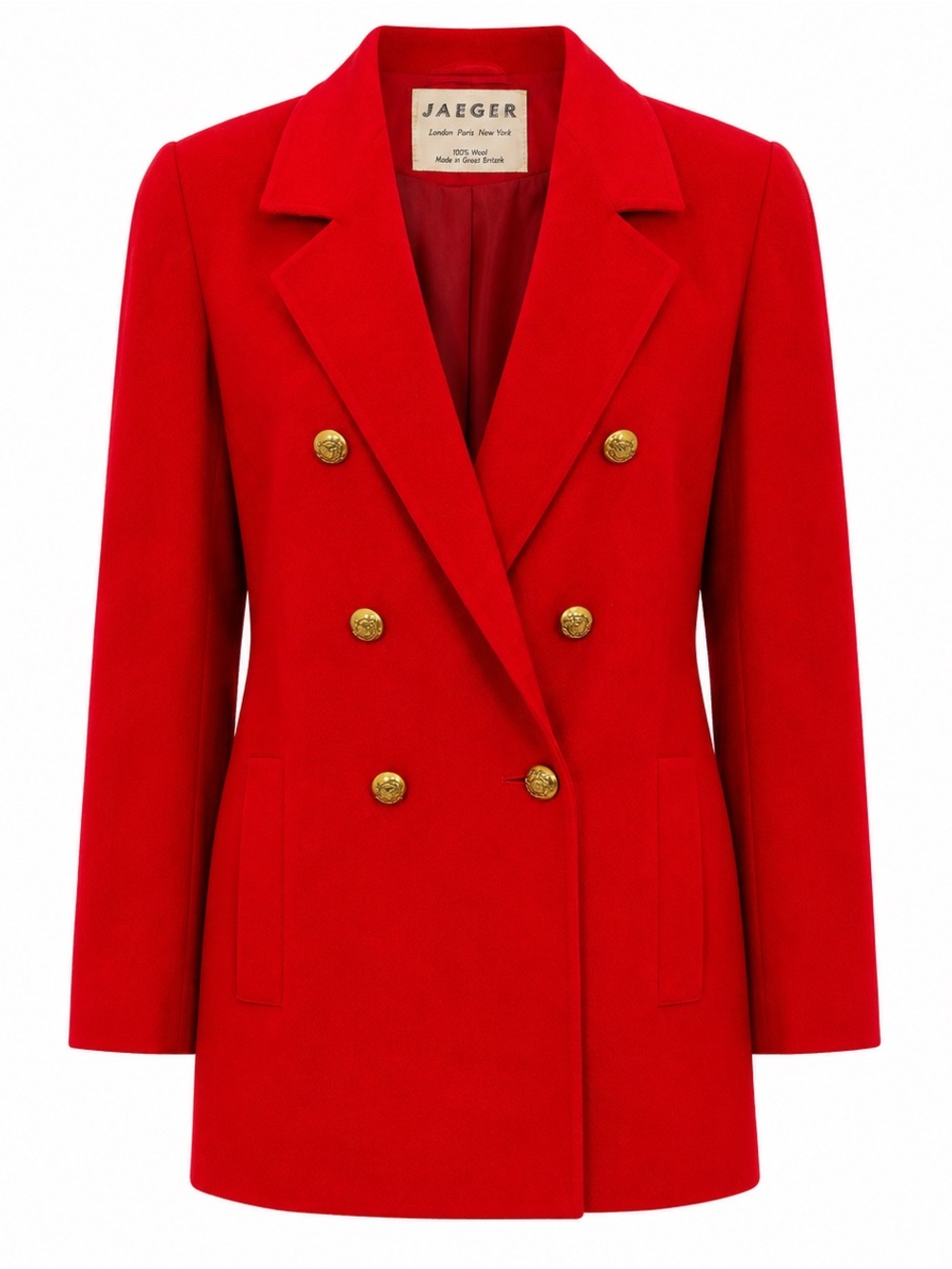 Vintage Jaeger 80s 90s Gold Crest Buttons Red Wool Military Blazer Size 12